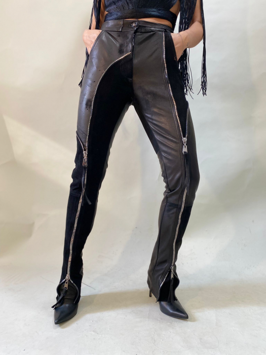 Pantalon negru din piele naturala accesorizat cu fermoare masive [1]