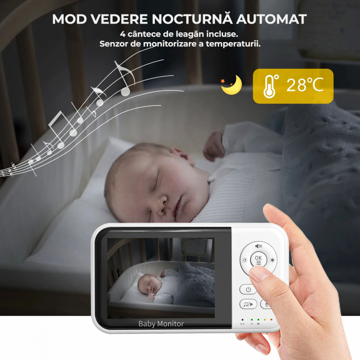 Baby Monitor Camera Bebelusi Wireless NIKI™ SMART32, Ecran LCD 3 "2" HD, Detectare inteligenta sunet (VOX), NightVision, Temperatura, Cantece de Leagan, Baterie 2100 mAH [6]