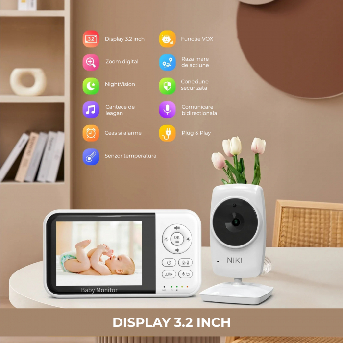 Baby Monitor Camera Bebelusi Wireless NIKI™ SMART32, Ecran LCD 3 "2" HD, Detectare inteligenta sunet (VOX), NightVision, Temperatura, Cantece de Leagan, Baterie 2100 mAH [5]