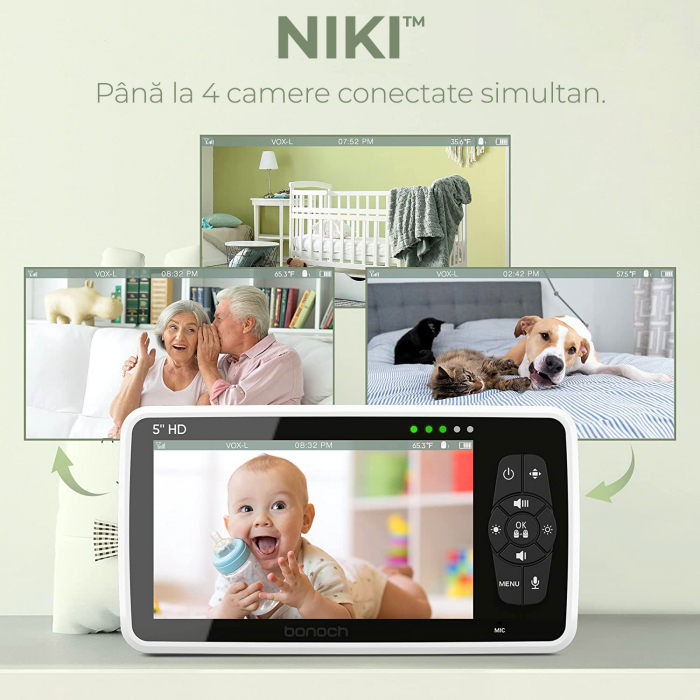 BabyMonitor Wireless cu Sunete Albe si Roz Pentru Supraveghere Bebelusi  NIKI™ Smart50, LCD XXL 5" HD 720p, 355° Panoramic, Functie VOX, NightVision, Temperatura Ambientala, Baterie 4000 mAh [3]
