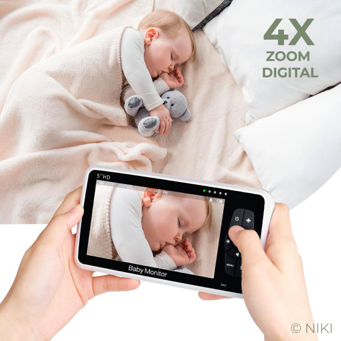 BabyMonitor Wireless cu Sunete Albe si Roz Pentru Supraveghere Bebelusi  NIKI™ Smart50, LCD XXL 5" HD 720p, 355° Panoramic, Functie VOX, NightVision, Temperatura Ambientala, Baterie 4000 mAh [6]