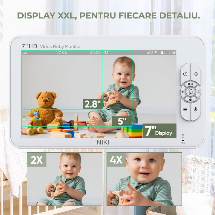BabyMonitor Wireless Cu 2 Camere Audio-Video Bebelusi NIKI™ Smart71, LCD XXL 7" HD 720p, 355° Panoramic, Functie VOX, NightVision, Temperatura Ambientala, Baterie 4000 mAh [3]