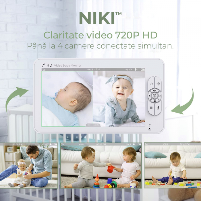 BabyMonitor Wireless Cu 2 Camere Audio-Video Bebelusi NIKI™ Smart71, LCD XXL 7" HD 720p, 355° Panoramic, Functie VOX, NightVision, Temperatura Ambientala, Baterie 4000 mAh [2]