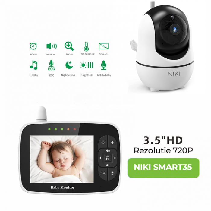 BabyMonitor Wireless NIKI™ Smart35, LCD XL 3.5" 720p, 355° Panoramic, Functie VOX, NightVision, Temperatura Ambientala, Cantece de Leagan [5]
