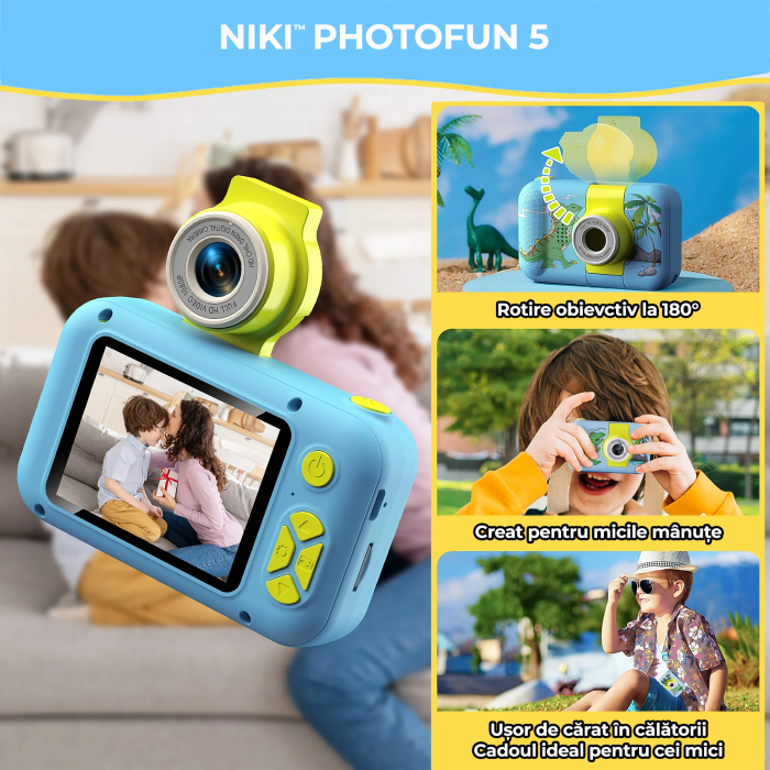 Camera Foto de Jucarie NIKI™ PhotoFUN 5, Card 32GB Inclus,1080p HD, Display 2.0 Inch, Baterie 1000 mAh, Carcasa Antisoc, Lentila Flip 180°, Mod Selfie, Filtre Foto, Jocuri, 3-8 ani, Model Dinozaur [3]