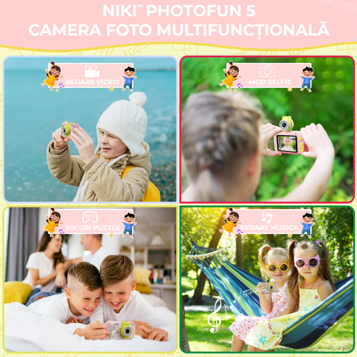 Camera Foto de Jucarie NIKI™ PhotoFUN 5, Card 32GB Inclus,1080p HD, Display 2.0 Inch, Baterie 1000 mAh, Carcasa Antisoc, Lentila Flip 180°, Mod Selfie, Filtre Foto, Jocuri, 3-8 ani, Model Unicorn [5]