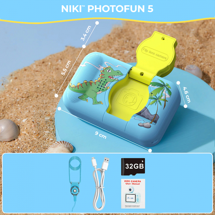Camera Foto de Jucarie NIKI™ PhotoFUN 5, Card 32GB Inclus,1080p HD, Display 2.0 Inch, Baterie 1000 mAh, Carcasa Antisoc, Lentila Flip 180°, Mod Selfie, Filtre Foto, Jocuri, 3-8 ani, Model Dinozaur [2]
