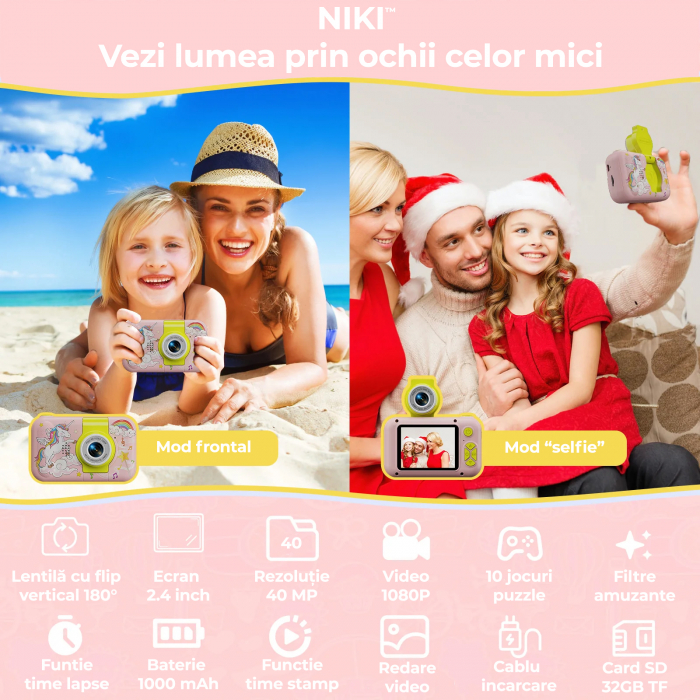 Camera Foto de Jucarie NIKI™ PhotoFUN 5, Card 32GB Inclus,1080p HD, Display 2.0 Inch, Baterie 1000 mAh, Carcasa Antisoc, Lentila Flip 180°, Mod Selfie, Filtre Foto, Jocuri, 3-8 ani, Model Unicorn [4]