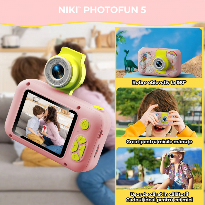 Camera Foto de Jucarie NIKI™ PhotoFUN 5, Card 32GB Inclus,1080p HD, Display 2.0 Inch, Baterie 1000 mAh, Carcasa Antisoc, Lentila Flip 180°, Mod Selfie, Filtre Foto, Jocuri, 3-8 ani, Model Unicorn [3]