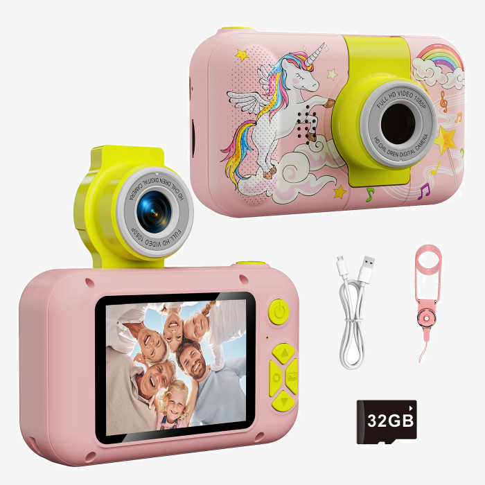 Camera Foto de Jucarie NIKI™ PhotoFUN 5, Card 32GB Inclus,1080p HD, Display 2.0 Inch, Baterie 1000 mAh, Carcasa Antisoc, Lentila Flip 180°, Mod Selfie, Filtre Foto, Jocuri, 3-8 ani, Model Unicorn [1]
