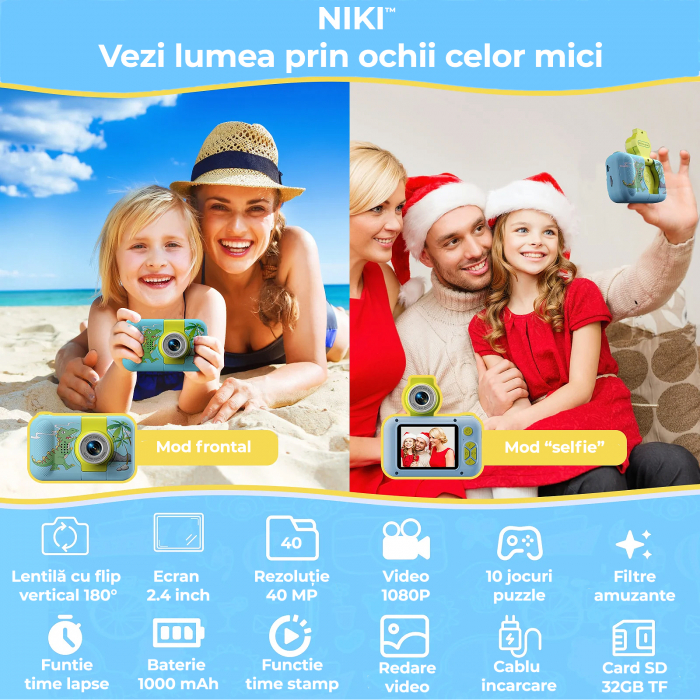 Camera Foto de Jucarie NIKI™ PhotoFUN 5, Card 32GB Inclus,1080p HD, Display 2.0 Inch, Baterie 1000 mAh, Carcasa Antisoc, Lentila Flip 180°, Mod Selfie, Filtre Foto, Jocuri, 3-8 ani, Model Dinozaur [4]