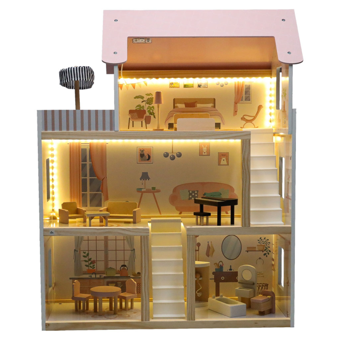 Casuta de Papusi din Lemn cu Mobilier si Iluminare LED, 78 cm, Roz [5]