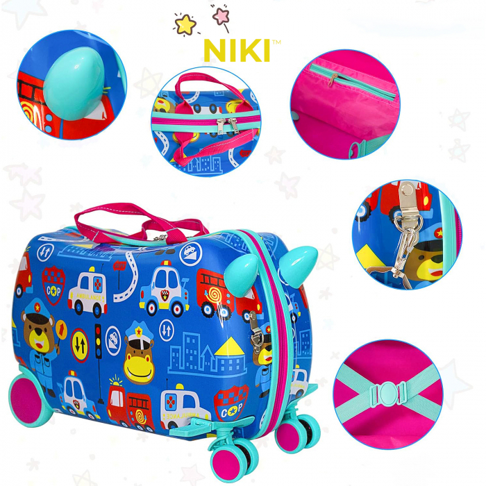 Geanta de Voiaj pentru Copii tip Troler Ride-On NIKI® RideJoy Trolley, Functie Scaun de Plimbare, 4 Roti 360°,  28 Litri, Suport Pentru Picioare, Curea Detasabila, Model Traffic [3]