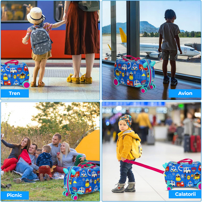 Geanta de Voiaj pentru Copii tip Troler Ride-On NIKI® RideJoy Trolley, Functie Scaun de Plimbare, 4 Roti 360°,  28 Litri, Suport Pentru Picioare, Curea Detasabila, Model Traffic [9]