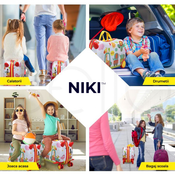 Geanta de Voiaj pentru Copii tip Troler Ride-On NIKI® RideJoy Trolley, Functie Scaun de Plimbare, 4 Roti 360°,  28 Litri, Suport Pentru Picioare, Curea Detasabila, Model Zoo [7]