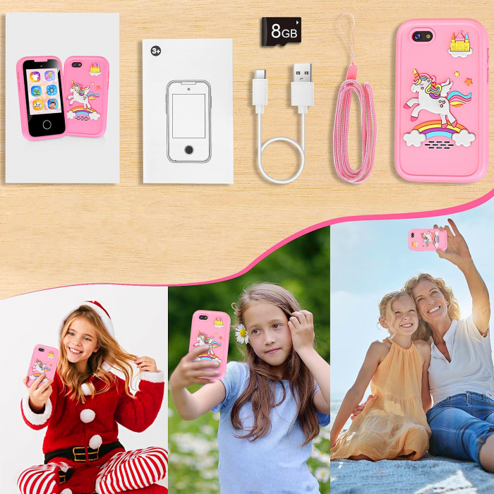 Smartphone de Jucarie NIKI™ SmartJoy 5, TouchScreen LCD IPS 2.8″, Camera 8 MP, Selfie, FullHD 1080P, Carcasa Antisoc, Card SD 8GB Inclus, Stickere, Jocuri, Desenat, 3-8 ani, Model Unicorn [8]