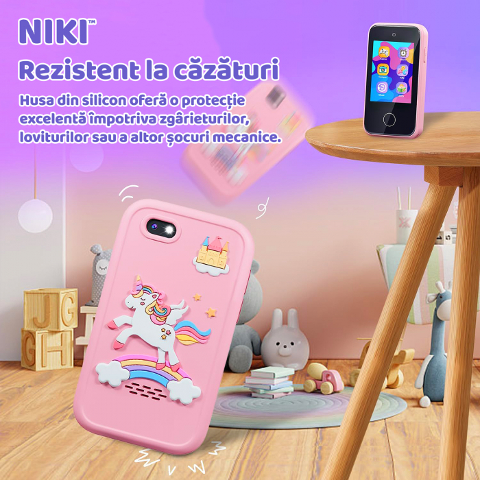 Smartphone de Jucarie NIKI™ SmartJoy 5, TouchScreen LCD IPS 2.8″, Camera 8 MP, Selfie, FullHD 1080P, Carcasa Antisoc, Card SD 8GB Inclus, Stickere, Jocuri, Desenat, 3-8 ani, Model Unicorn [3]