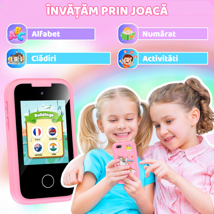 Smartphone de Jucarie NIKI™ SmartJoy 5, TouchScreen LCD IPS 2.8″, Camera 8 MP, Selfie, FullHD 1080P, Carcasa Antisoc, Card SD 8GB Inclus, Stickere, Jocuri, Desenat, 3-8 ani, Model Unicorn [4]