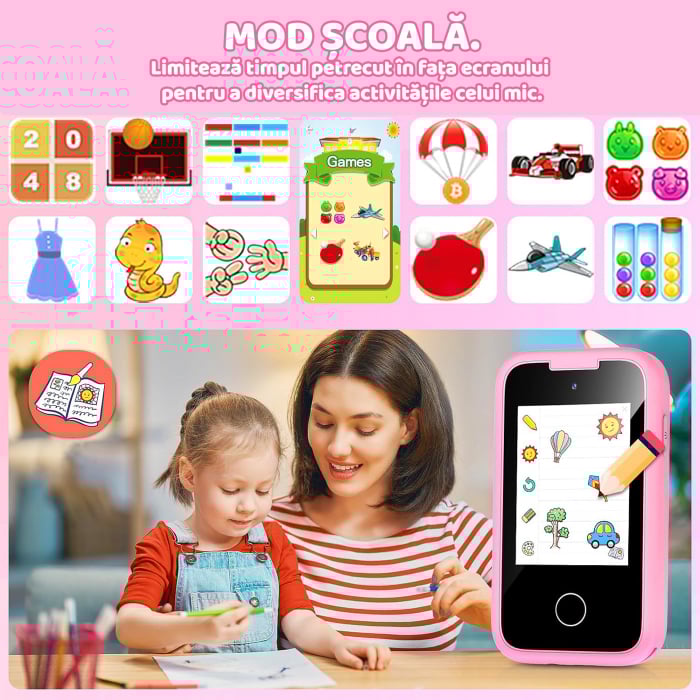 Smartphone de Jucarie NIKI™ SmartJoy 5, TouchScreen LCD IPS 2.8″, Camera 8 MP, Selfie, FullHD 1080P, Carcasa Antisoc, Card SD 8GB Inclus, Stickere, Jocuri, Desenat, 3-8 ani, Model Unicorn [7]