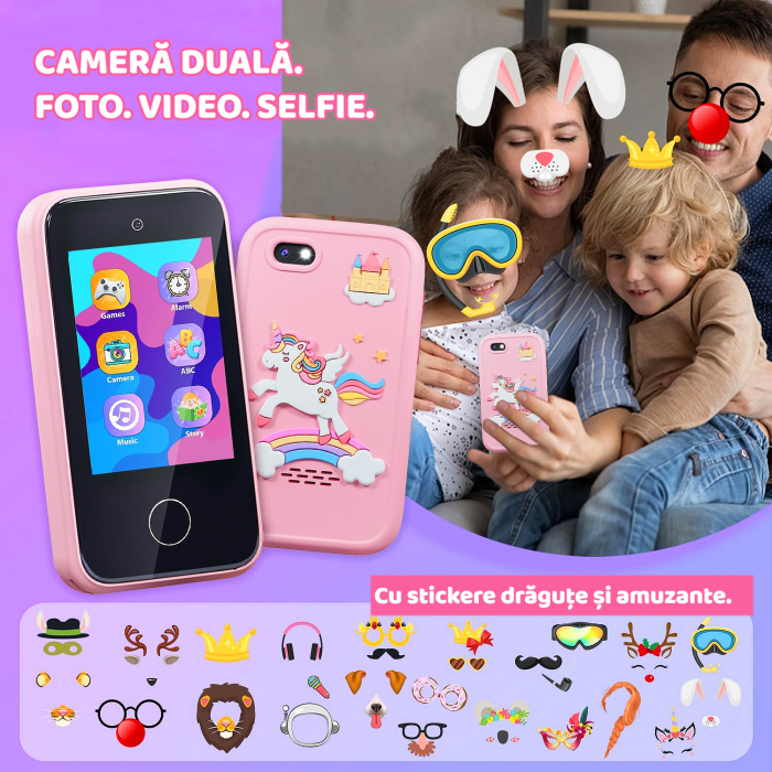 Smartphone de Jucarie NIKI™ SmartJoy 5, TouchScreen LCD IPS 2.8″, Camera 8 MP, Selfie, FullHD 1080P, Carcasa Antisoc, Card SD 8GB Inclus, Stickere, Jocuri, Desenat, 3-8 ani, Model Unicorn [5]
