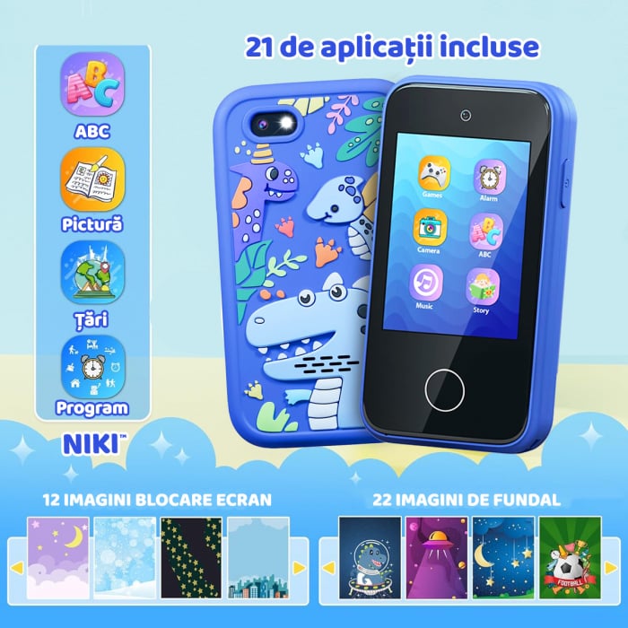 Smartphone de Jucarie NIKI™ SmartJoy 5, TouchScreen LCD IPS 2.8″, Camera 8 MP, Selfie, FullHD 1080P, Carcasa Antisoc, Card SD 8GB Inclus, Stickere, Jocuri, Desenat, 3-8 ani, Model Dinozaur [4]