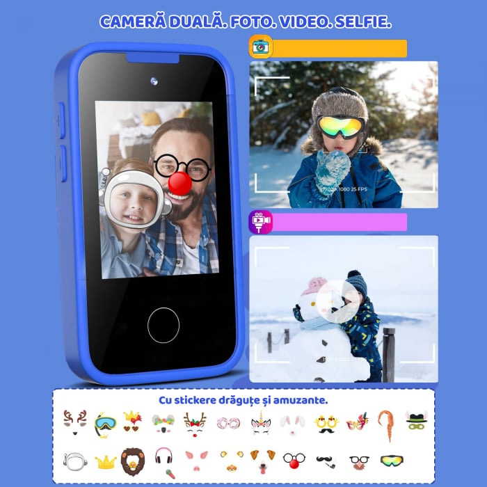 Smartphone de Jucarie NIKI™ SmartJoy 5, TouchScreen LCD IPS 2.8″, Camera 8 MP, Selfie, FullHD 1080P, Carcasa Antisoc, Card SD 8GB Inclus, Stickere, Jocuri, Desenat, 3-8 ani, Model Dinozaur [6]