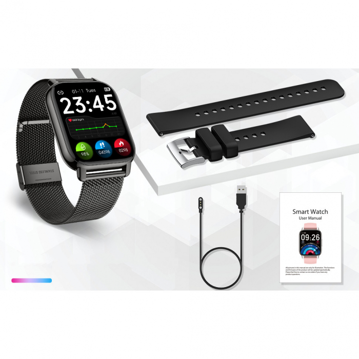 Smartwatch Niki Pro6, Display 1.85” HD Full Touch, Apelare Bluetooth, Oximetru SpO2, Ritm Cardiac, 24 Functii Sport, Notificari Retele Sociale, Monitorizare Somn, Extra Curea Silicon, Smoke Black [6]