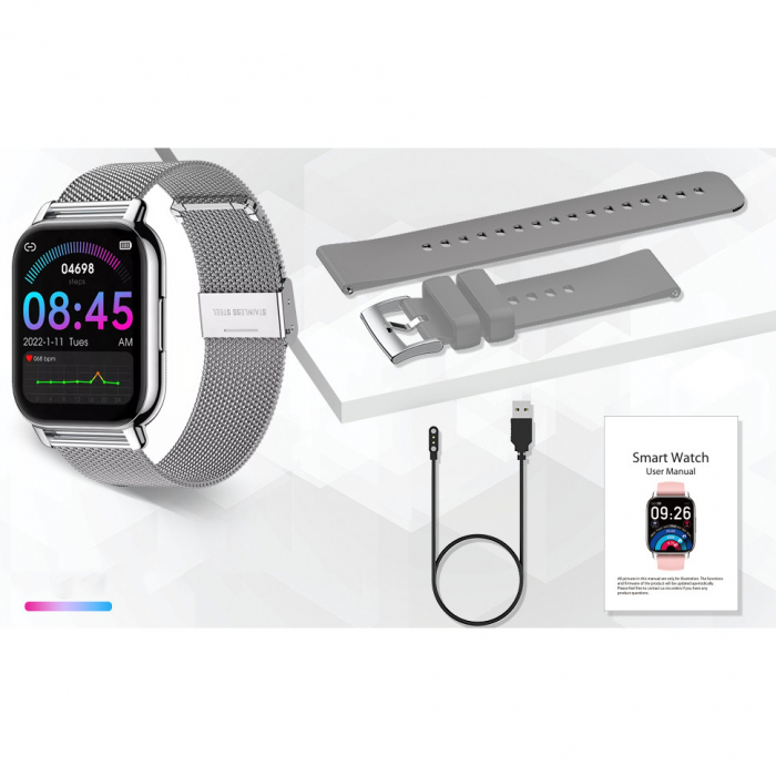 Smartwatch Niki Pro6, Display 1.85” HD Full Touch, Apelare Bluetooth, Oximetru SpO2, Ritm Cardiac, 24 Functii Sport, Notificari Retele Sociale, Monitorizare Somn, Extra Curea Silicon, Silver Gray [8]
