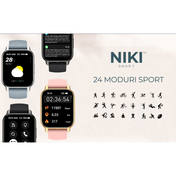 Smartwatch Niki Pro6, Display 1.85” HD Full Touch, Apelare Bluetooth, Oximetru SpO2, Ritm Cardiac, 24 Functii Sport, Notificari Retele Sociale, Monitorizare Somn, Extra Curea Silicon, Smoke Black [8]