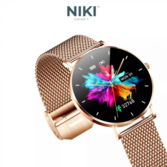Smartwatch Niki Trend8, Display 1.3” Amoled HD Full Touch, Ultra Subtire 6.6 mm, Oximetru SpO2, Monitorizare Ritm Cardiac, Functii Sport, Monitorizare Somn, Extra Curea Silicon, Rose Gold [2]