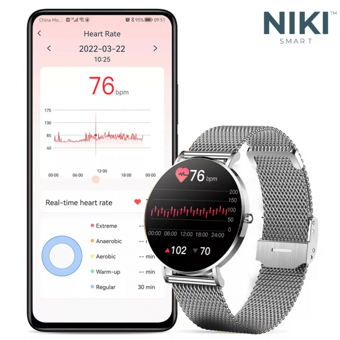 Smartwatch Niki Trend8, Display 1.3” Amoled HD Full Touch, Ultra Subtire 6.6 mm, Oximetru SpO2, Monitorizare Ritm Cardiac, Functii Sport, Monitorizare Somn, Extra Curea Silicon, Silver Gray [6]
