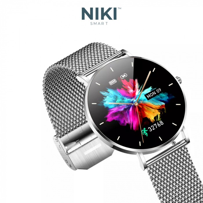 Smartwatch Niki Trend8, Display 1.3” Amoled HD Full Touch, Ultra Subtire 6.6 mm, Oximetru SpO2, Monitorizare Ritm Cardiac, Functii Sport, Monitorizare Somn, Extra Curea Silicon, Silver Gray [2]