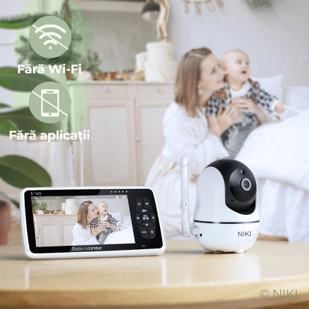 BabyMonitor Wireless cu Sunete Albe si Roz Pentru Supraveghere Bebelusi  NIKI™ Smart50, LCD XXL 5" HD 720p, 355° Panoramic, Functie VOX, NightVision, Temperatura Ambientala, Baterie 4000 mAh [4]