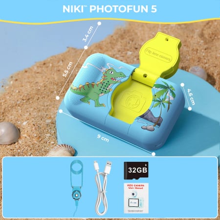 Camera Foto de Jucarie NIKI™ PhotoFUN 5, Card 32GB Inclus,1080p HD, Display 2.0 Inch, Baterie 1000 mAh, Carcasa Antisoc, Lentila Flip 180°, Mod Selfie, Filtre Foto, Jocuri, 3-8 ani, Model Dinozaur [1]
