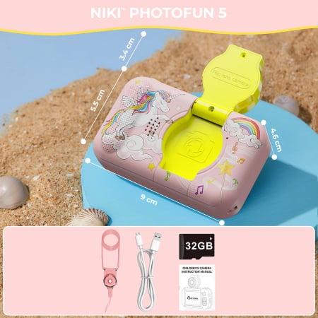 Camera Foto de Jucarie NIKI™ PhotoFUN 5, Card 32GB Inclus,1080p HD, Display 2.0 Inch, Baterie 1000 mAh, Carcasa Antisoc, Lentila Flip 180°, Mod Selfie, Filtre Foto, Jocuri, 3-8 ani, Model Unicorn [1]