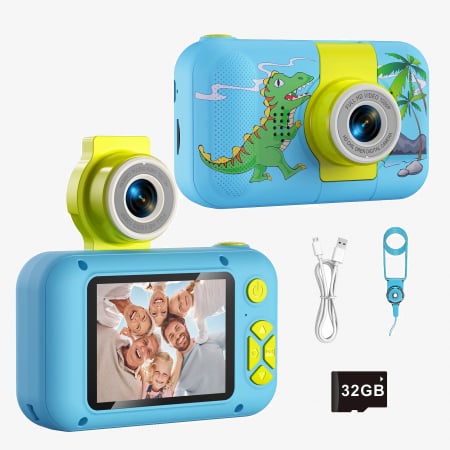 Camere foto de jucarie - Camera Foto de Jucarie NIKI™ PhotoFUN 5, Card 32GB Inclus,1080p HD, Display 2.0 Inch, Baterie 1000 mAh, Carcasa Antisoc, Lentila Flip 180°, Mod Selfie, Filtre Foto, Jocuri, 3-8 ani, Model Dinozaur