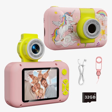 Camere foto de jucarie - Camera Foto de Jucarie NIKI™ PhotoFUN 5, Card 32GB Inclus,1080p HD, Display 2.0 Inch, Baterie 1000 mAh, Carcasa Antisoc, Lentila Flip 180°, Mod Selfie, Filtre Foto, Jocuri, 3-8 ani, Model Unicorn