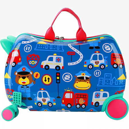 Articole voiaj copii - Geanta de Voiaj pentru Copii tip Troler Ride-On NIKI® RideJoy Trolley, Functie Scaun de Plimbare, 4 Roti 360°,  28 Litri, Suport Pentru Picioare, Curea Detasabila, Model Traffic