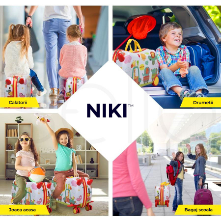 Geanta de Voiaj pentru Copii tip Troler Ride-On NIKI® RideJoy Trolley, Functie Scaun de Plimbare, 4 Roti 360°,  28 Litri, Suport Pentru Picioare, Curea Detasabila, Model Zoo [6]