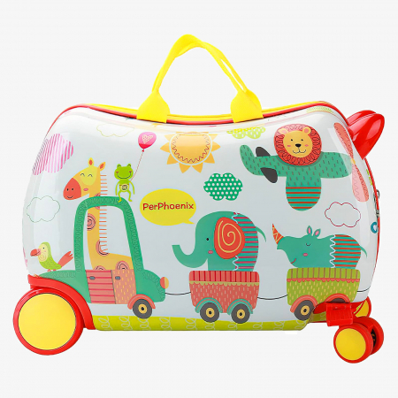 Articole voiaj copii - Geanta de Voiaj pentru Copii tip Troler Ride-On NIKI® RideJoy Trolley, Functie Scaun de Plimbare, 4 Roti 360°,  28 Litri, Suport Pentru Picioare, Curea Detasabila, Model Zoo