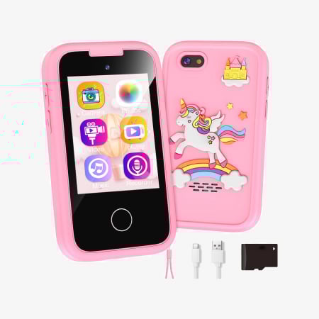 Smartphone de jucarie - Smartphone de Jucarie NIKI™ SmartJoy 5, TouchScreen LCD IPS 2.8″, Camera 8 MP, Selfie, FullHD 1080P, Carcasa Antisoc, Card SD 8GB Inclus, Stickere, Jocuri, Desenat, 3-8 ani, Model Unicorn