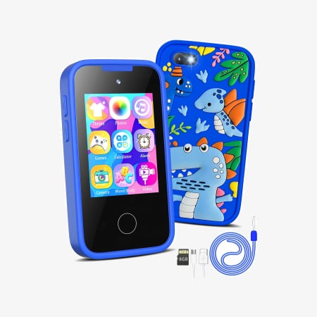 Smartphone de jucarie - Smartphone de Jucarie NIKI™ SmartJoy 5, TouchScreen LCD IPS 2.8″, Camera 8 MP, Selfie, FullHD 1080P, Carcasa Antisoc, Card SD 8GB Inclus, Stickere, Jocuri, Desenat, 3-8 ani, Model Dinozaur