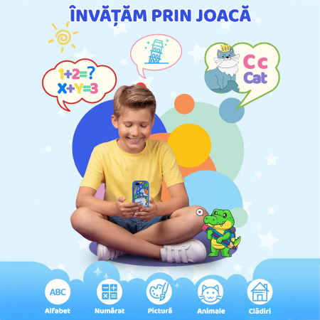 Smartphone de Jucarie NIKI™ SmartJoy 5, TouchScreen LCD IPS 2.8″, Camera 8 MP, Selfie, FullHD 1080P, Carcasa Antisoc, Card SD 8GB Inclus, Stickere, Jocuri, Desenat, 3-8 ani, Model Dinozaur [4]