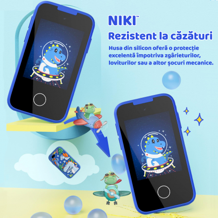 Smartphone de Jucarie NIKI™ SmartJoy 5, TouchScreen LCD IPS 2.8″, Camera 8 MP, Selfie, FullHD 1080P, Carcasa Antisoc, Card SD 8GB Inclus, Stickere, Jocuri, Desenat, 3-8 ani, Model Dinozaur [2]