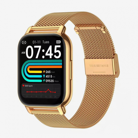 Pentru parinti - Smartwatch Niki Pro6, Display 1.85” HD Full Touch, Apelare Bluetooth, Oximetru SpO2, Ritm Cardiac, 24 Functii Sport, Notificari Retele Sociale, Monitorizare Somn, Extra Curea Silicon, Shiny Gold
