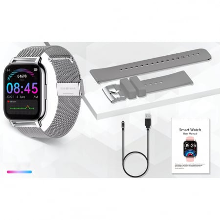 Smartwatch Niki Pro6, Display 1.85” HD Full Touch, Apelare Bluetooth, Oximetru SpO2, Ritm Cardiac, 24 Functii Sport, Notificari Retele Sociale, Monitorizare Somn, Extra Curea Silicon, Silver Gray [7]