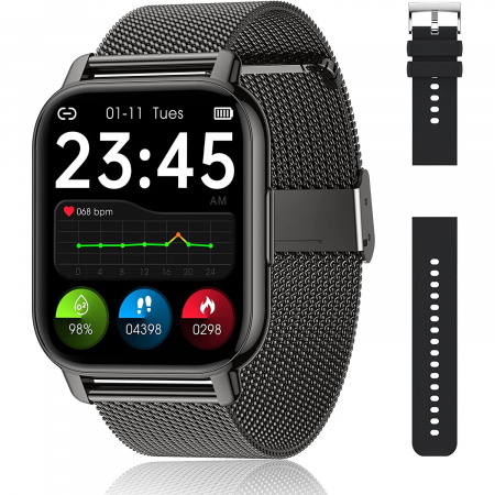 Smartwatch Niki Pro6, Display 1.85” HD Full Touch, Apelare Bluetooth, Oximetru SpO2, Ritm Cardiac, 24 Functii Sport, Notificari Retele Sociale, Monitorizare Somn, Extra Curea Silicon, Smoke Black [1]
