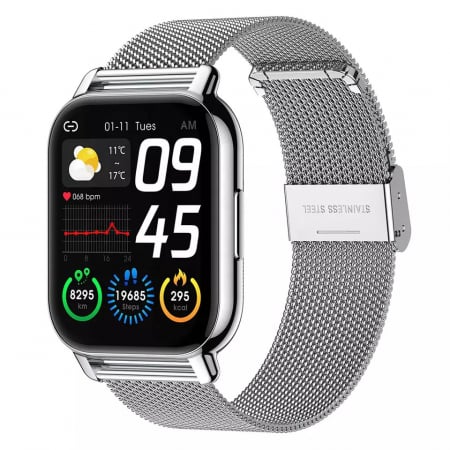 Smartwatch Niki Pro6, Display 1.85” HD Full Touch, Apelare Bluetooth, Oximetru SpO2, Ritm Cardiac, 24 Functii Sport, Notificari Retele Sociale, Monitorizare Somn, Extra Curea Silicon, Silver Gray [1]