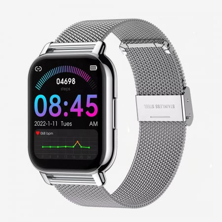 Pentru parinti - Smartwatch Niki Pro6, Display 1.85” HD Full Touch, Apelare Bluetooth, Oximetru SpO2, Ritm Cardiac, 24 Functii Sport, Notificari Retele Sociale, Monitorizare Somn, Extra Curea Silicon, Silver Gray
