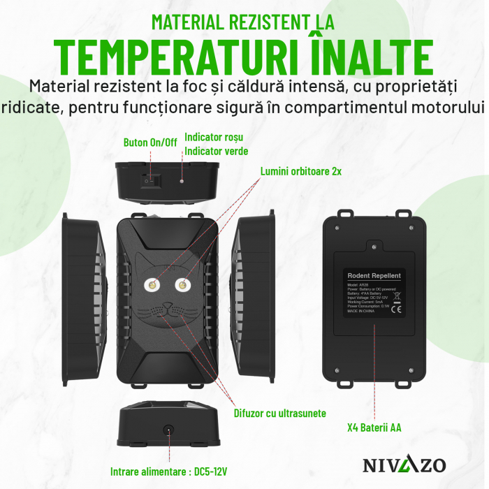 Aparat anti-rozatoare autovehicule, Nivazo® AR28, 3 modalitati alimentare, 2 LED-uri stroboscopice, mod auto, protejeaza vieti, camioane, rulote, motociclete [2]